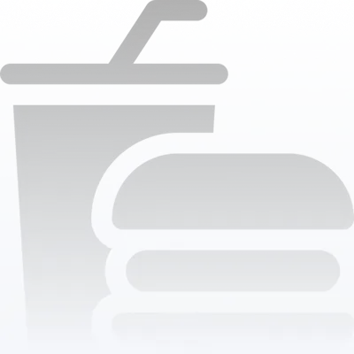 Gray icon of a fast food drink cup with a straw next to a hamburger.