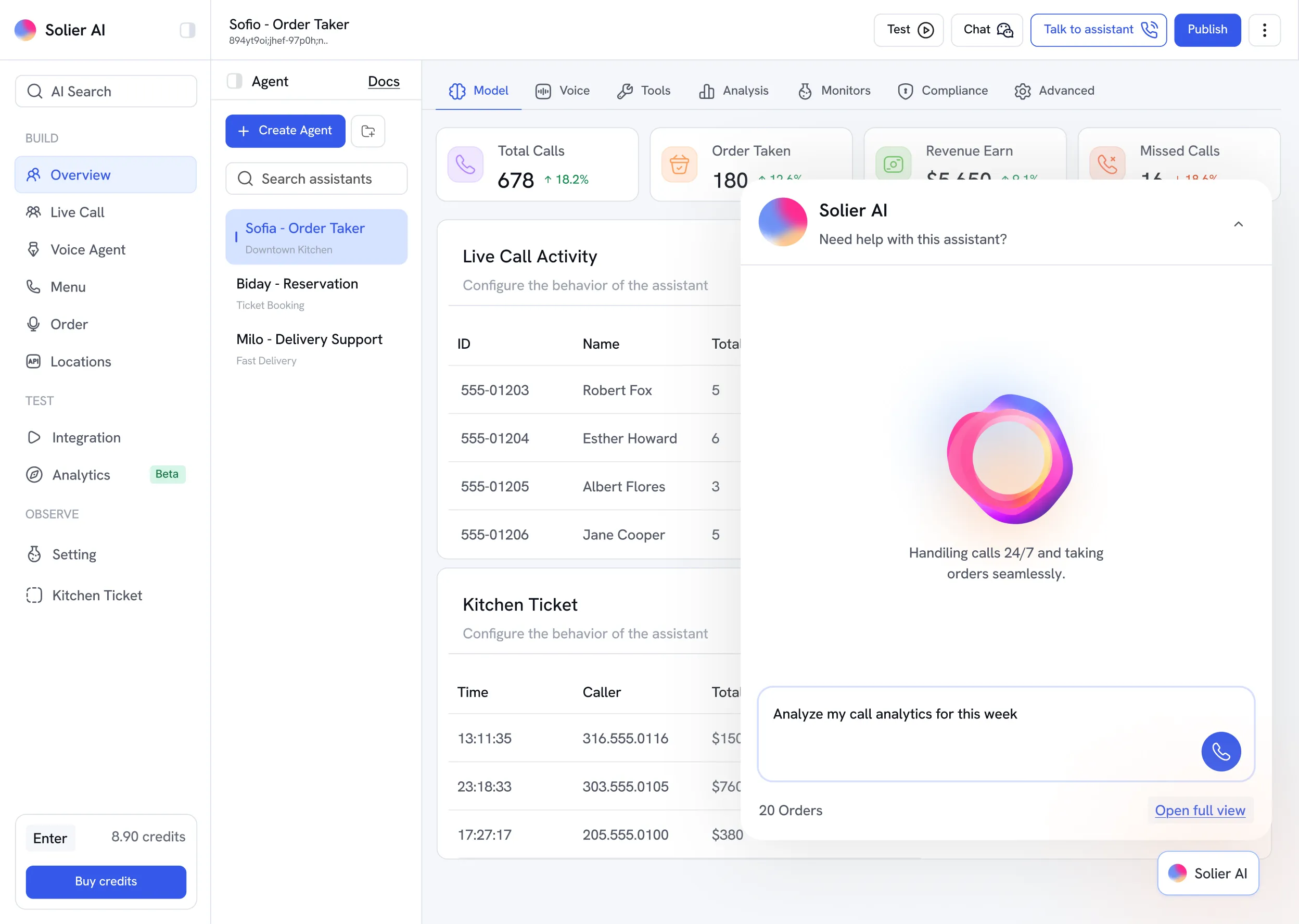 Dashboard interface for Soleir AI showing the Sofia - Order Taker assistant with metrics on total calls, orders taken, revenue earned, and missed calls. The left sidebar includes options for Overview, Live Call, Voice Agent, Menu, Order, Locations, Integration, Analytics, Setting, and Kitchen Ticket. The main panel displays live call activity with caller IDs, names, and total calls, and kitchen ticket details. A chat window from Soleir AI offers assistance and shows a message about handling calls 24/7 and taking orders seamlessly, with a user input to analyze call analytics for the week and a button to open full view.