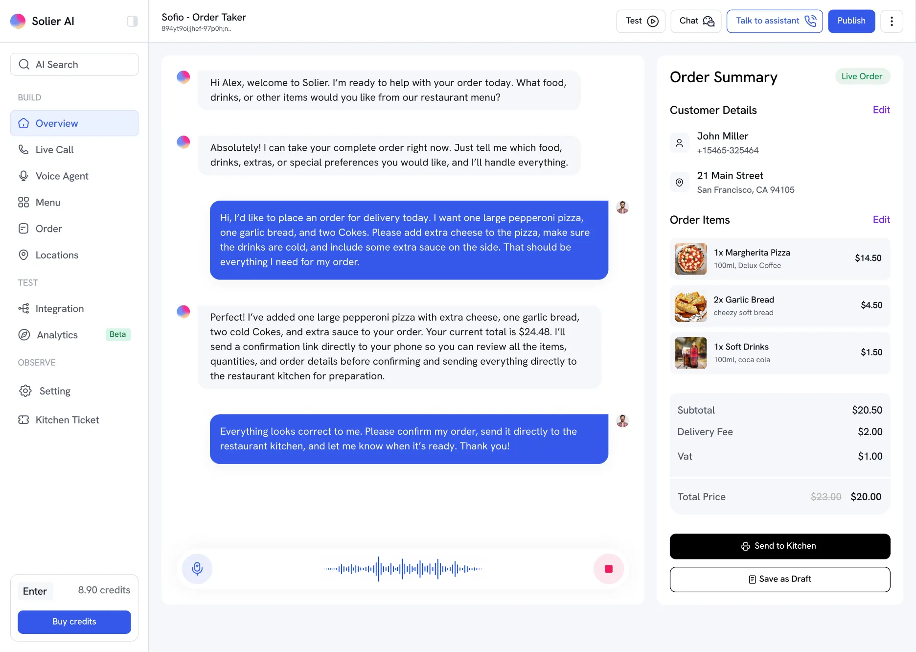 Screenshot of Soleir AI chat interface showing an order conversation between a customer and AI assistant named Sofio - Order Taker. The AI welcomes the customer Alex, takes a food order for delivery including pepperoni pizza with extra cheese, garlic bread, and two Cokes with extra sauce. The AI confirms the order totaling $24.48 and offers to send a confirmation link. An order summary lists customer John Miller's details, delivery address in San Francisco, and ordered items: 1 Margherita Pizza $14.50, 2 Garlic Bread $4.50, 1 Soft Drink $1.50. Subtotal is $20.50 plus $2 delivery fee and $1 VAT, total price $20. Buttons labeled Send to Kitchen and Save as Draft appear below order summary.