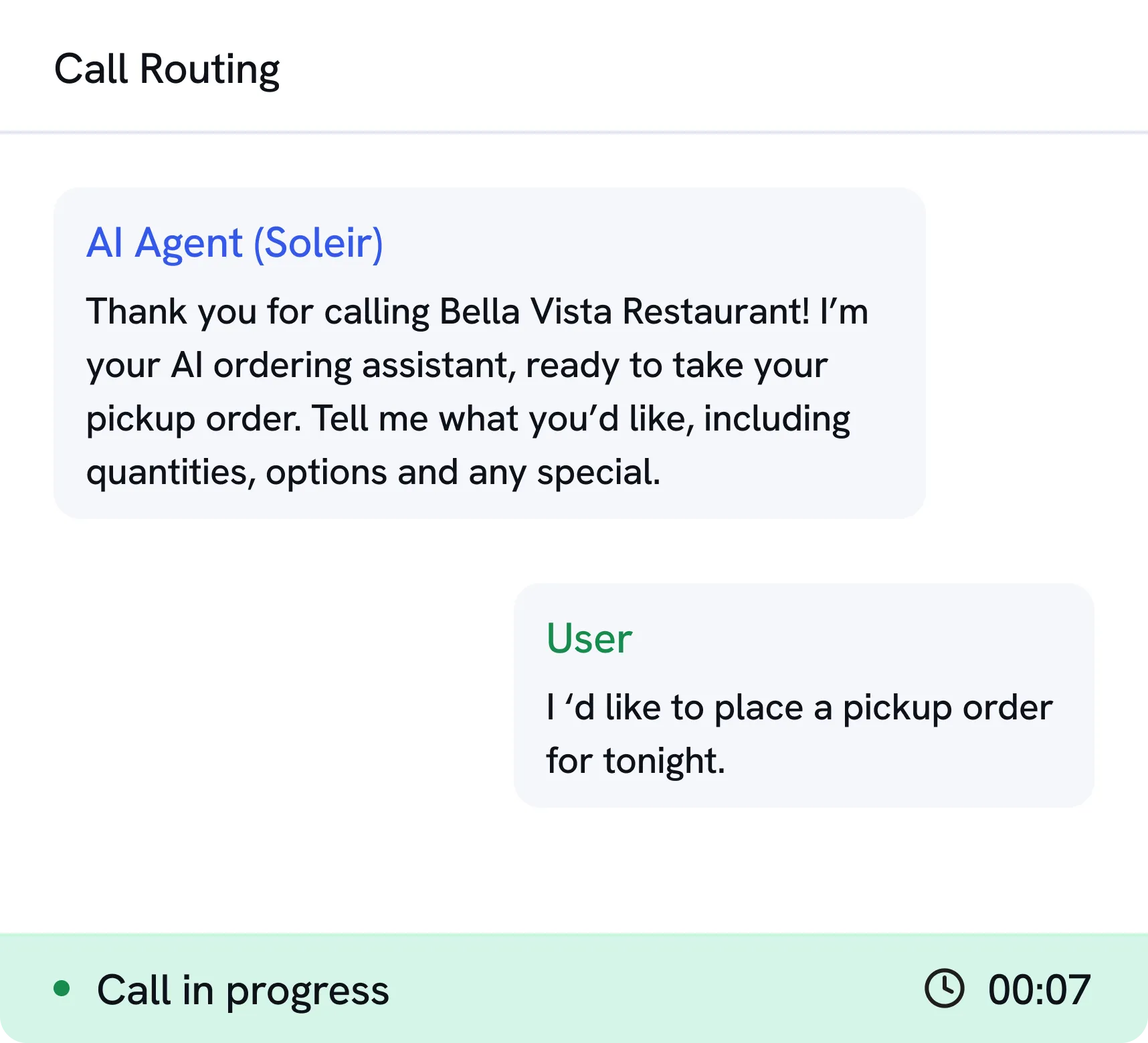 Screenshot of a call routing interface showing an AI Agent named Soleir and a user conversation. The AI Agent thanks the caller for calling Bella Vista Restaurant and offers to take a pickup order with details including quantities and options. The user replies that they would like to place a pickup order for tonight. The bottom shows call status as 'Call in progress' with a timer at 00:07.