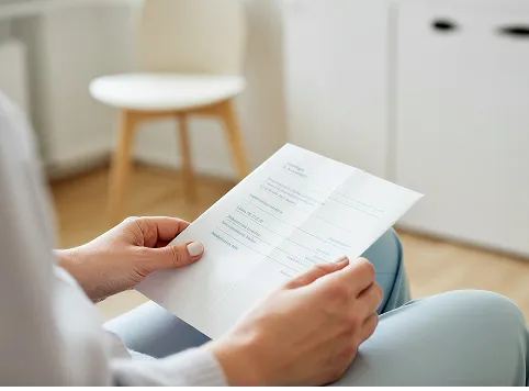 Person holding a white paper with a printed schedule or checklist, sitting in a room with a white chair and wooden floor in the background.