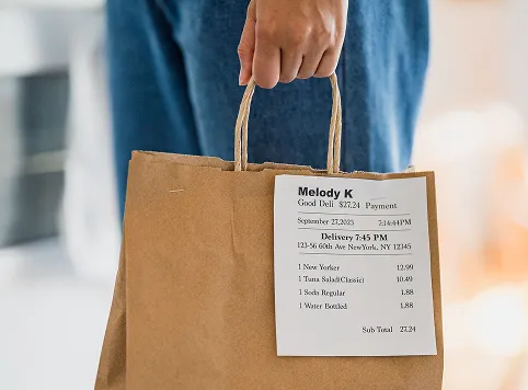 Person holding a brown paper delivery bag with a printed receipt showing delivery details, items ordered, and total cost.