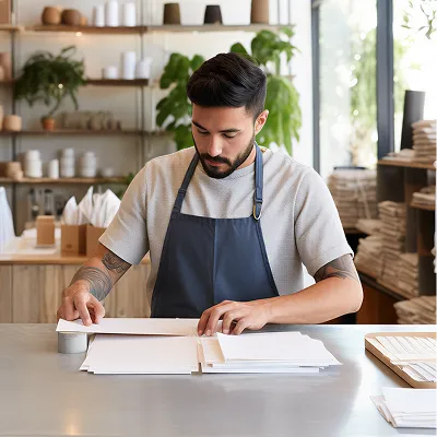 Man in apron carefully packaging white envelopes at a table in a bright, organized workspace.