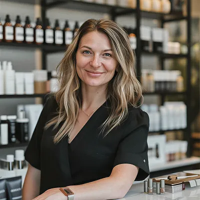 Smiling woman with long blonde hair in black shirt stands in a beauty product store.