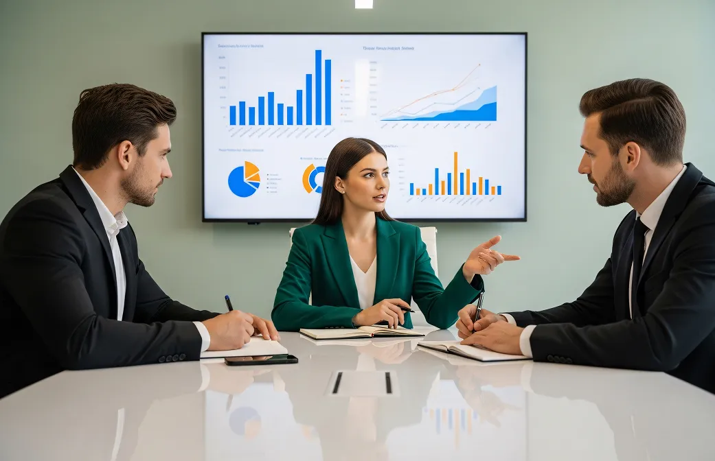 Three businesspeople in a meeting room discussing charts displayed on a screen behind them.