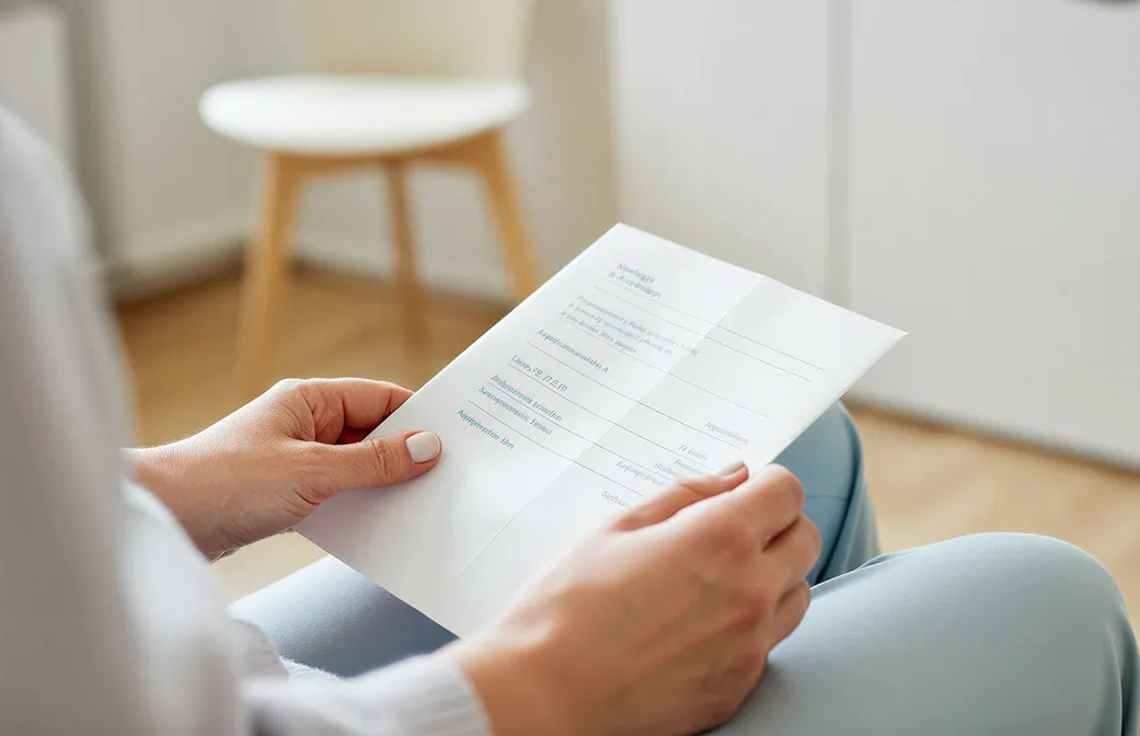 Person holding a printed medical document while sitting, with a blurred chair in the background.