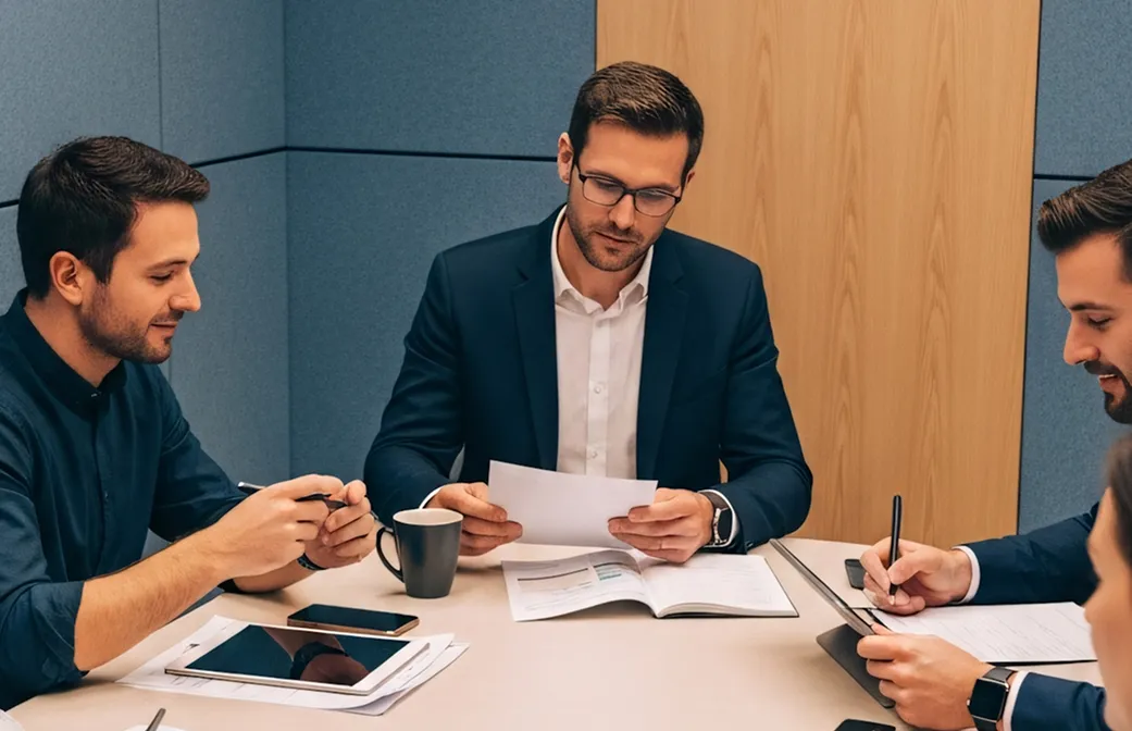 Three men in a meeting room discussing papers and notes around a table with digital devices.