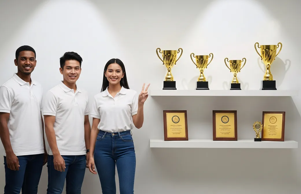 Three young people in white shirts stand smiling next to shelves with gold trophies and awards.