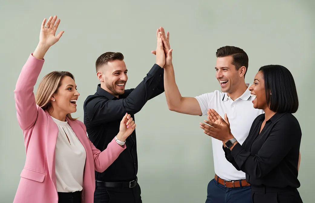 Four diverse adults smiling and high-fiving in celebration against a plain background.