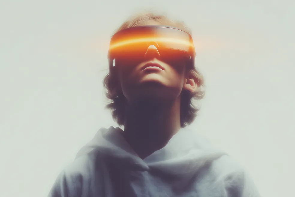 Person wearing futuristic virtual reality headset with glowing orange visor lit from above.