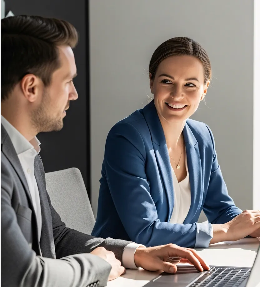 Smiling businesswoman in blue blazer talking with male colleague using a laptop at a desk.