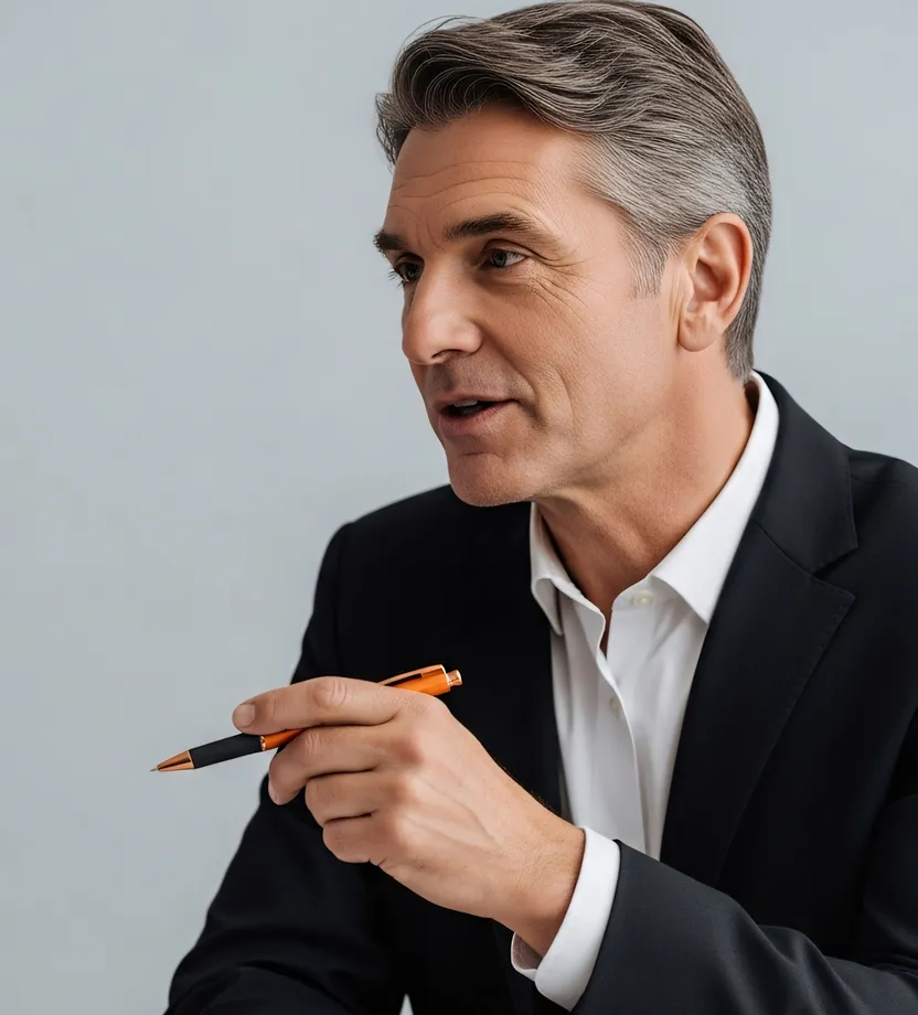 Middle-aged man in black suit holding an orange and black pen while speaking, gray background.