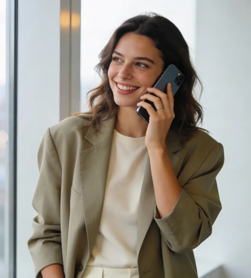 Smiling woman in a beige blazer talking on a smartphone near a window.