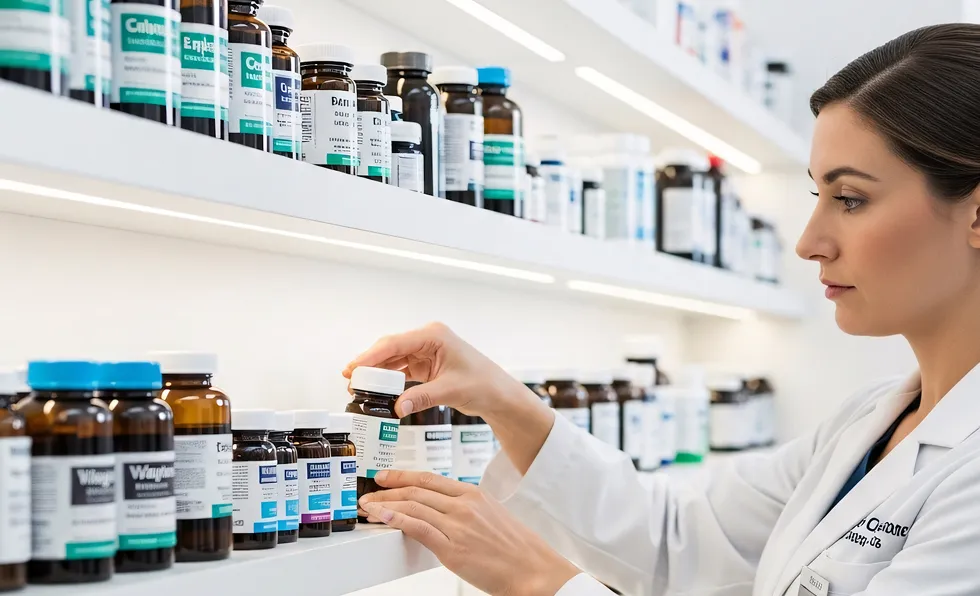Pharmacist in a white coat organizing medicine bottles on shelves in a pharmacy.