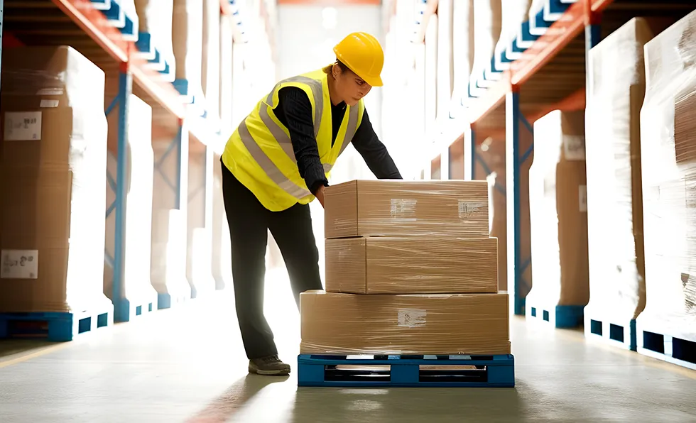 Worker in hard hat and safety vest organizing stacked boxes on a pallet in a warehouse aisle.