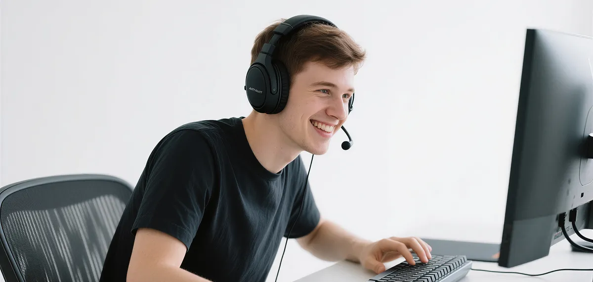 Young man wearing headset smiling and typing on a keyboard while looking at a monitor.