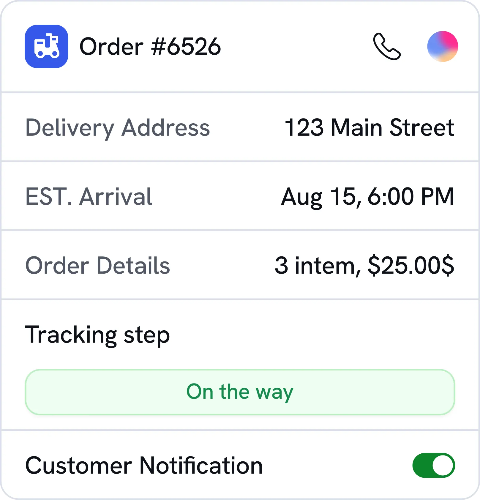 Order tracking interface showing order number 6526 with delivery address 123 Main Street, estimated arrival on August 15 at 6:00 PM, order details of 3 items totaling $25.00, tracking step marked as 'On the way,' and customer notification toggle switched on.