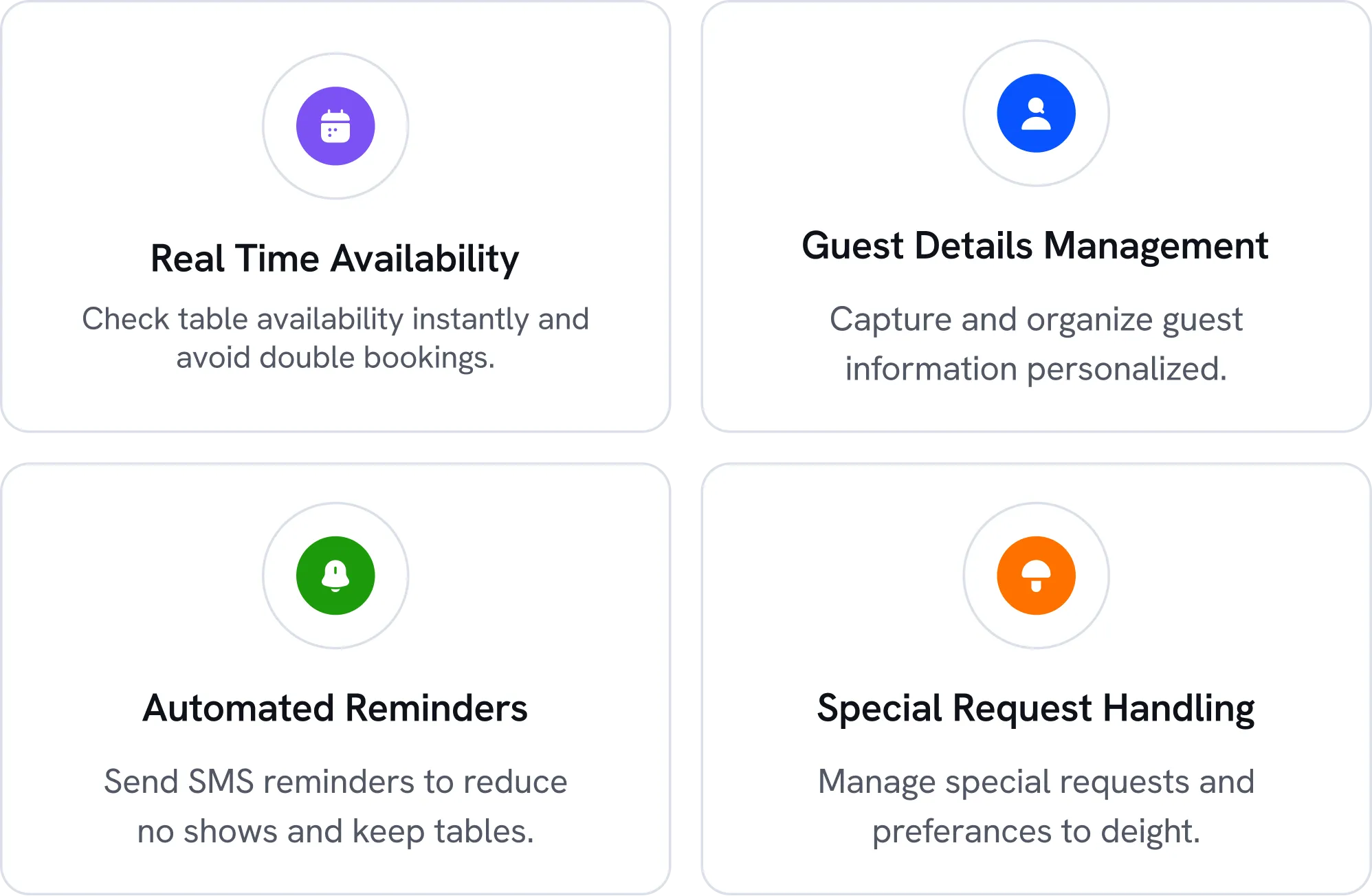 Four service features in bordered boxes with icons: Real Time Availability with a purple calendar icon to check table availability instantly and avoid double bookings; Guest Details Management with a blue user icon to capture and organize personalized guest information; Automated Reminders with a green bell icon to send SMS reminders reducing no-shows; Special Request Handling with an orange mushroom icon to manage special requests and preferences.