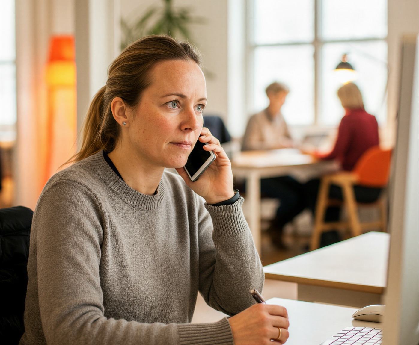 A woman on the phone in a café-restaurant, with diners seated behind her