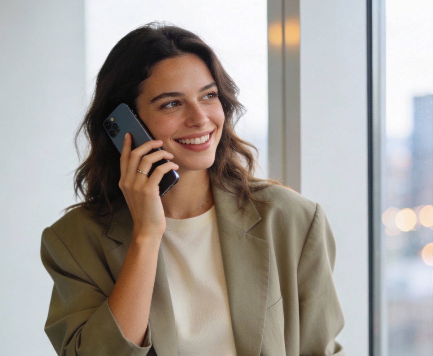A smiling professional on the phone by a window