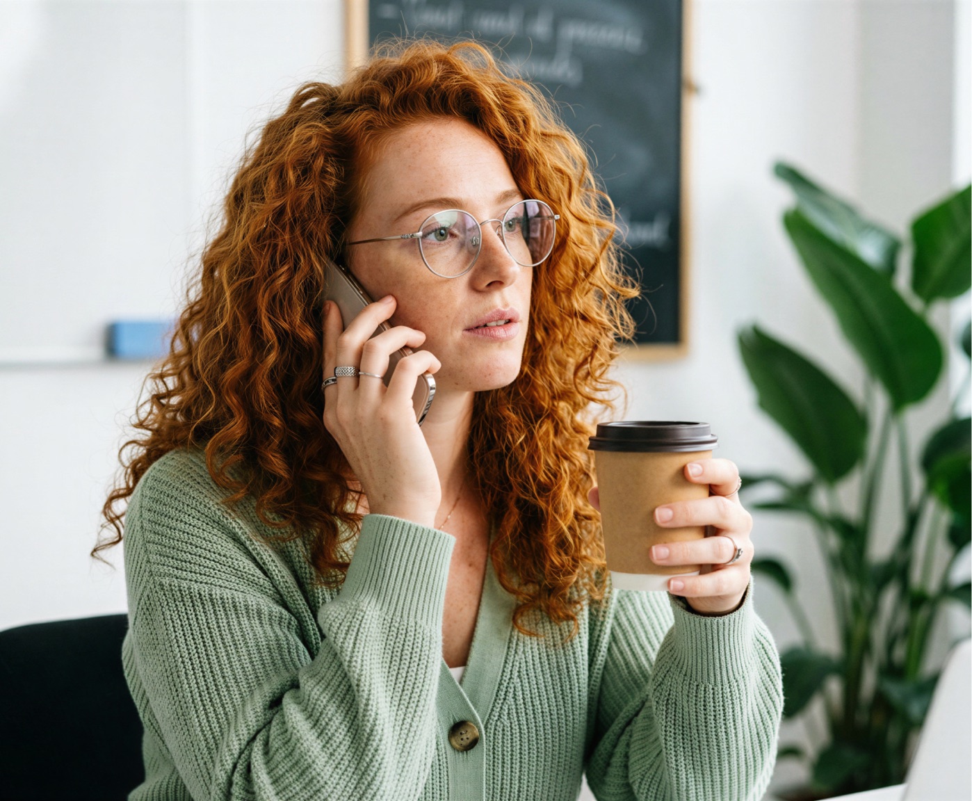 A woman on the phone, holding a takeaway coffee cup