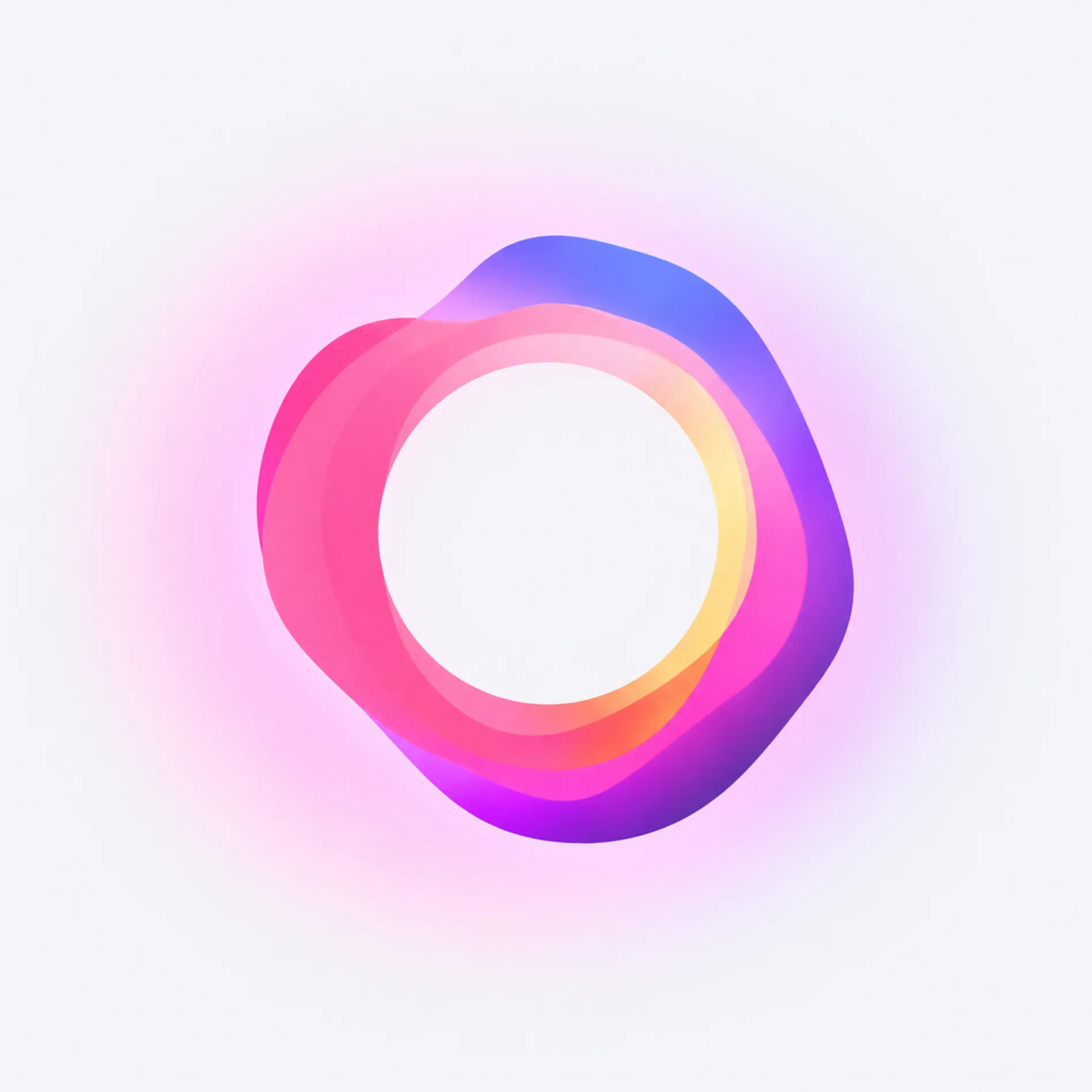 Abstract circular shape with overlapping translucent layers in pink, purple, blue, and yellow hues on a white background.
