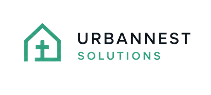 URBANNEST SOLUTIONS logo with a house and a cross inside the house outline.